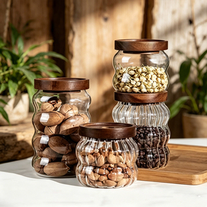 Venta al por Mayor de Frascos de Vidrio para Almacenamiento de Alimentos de 340 ml, 550 ml y 700 ml con Tapa de Madera de Acacia Oscura para Té, Granos de Café, Dulces - Product Image 4
