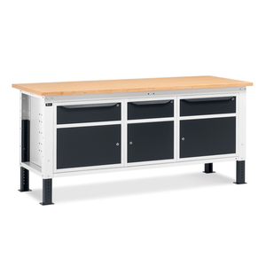 WORK20 banco da lavoro pesante in acciaio e ferro con 3 armadi per utensili in legno in PVC 1 porta a cassetto rivestimento in polvere - Product Image 1