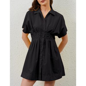 Vestido Camisero Plisado con Botones para Mujer, Manga Corta, Negro, Control de Abdomen, Prenda Moldeadora, Uso Diario, Vestido Casual - Product Image 2