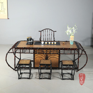Bamboo Tea Table Set Lacquered Woven Chinese Style Oblong Restaurant Table With Chairs - Product Image 5