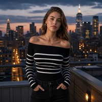 Haut en tricot pour femme avec logo personnalisé, manches longues, épaules dénudées, rayé, mode hiver, mélange viscose et polyester, usine OEM & ODM