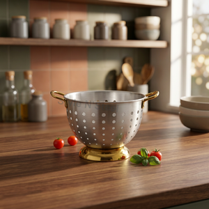Passoire de cuisine en acier inoxydable City Colander avec poignée dorée, bol de service perforé pour pâtes, légumes et fruits - Product Image 2