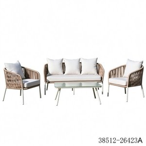 Ensemble de jardin contemporain pour l'extérieur, structure en acier, accoudoirs en teck, coussins beiges, canapé 4 places, table basse, modèle 38512-26422 - Product Image 5