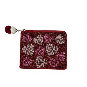 Handmade Beaded Red <b>Heart</b> Pattern Zipper Pouch Rectangle Shape Cute Decoration Gift Glass Beads - Product Image 1