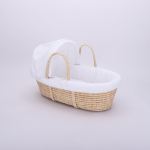 Corn Husk <strong>Moses</strong> <strong>Basket</strong> with <strong>White</strong> Waffle Weave Liner and Sun Canopy, Handwoven Natural Newborn Bassinet Sleeping for Nursery - Product Image 2