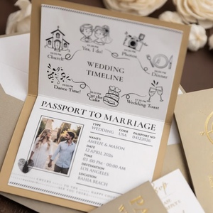 Carte d'invitation de mariage passeport en papier fantaisie, impression offset, dorure à chaud, breloque avion, design carte du monde pour thème voyage - Product Image 2