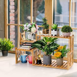 Bamboo Multi Tier Flower <b>Stand</b> With Horizontal Slats For Indoor Office Desktop Plant Display Rack Living Room Use - Product Image 2