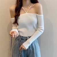 T26059 2026 Pull tricoté à manches longues pour femme, design épaules dénudées, coupe ajustée, col licou, pour le printemps