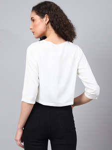 Tunique Courte en Coton Uni pour Femme, Manches 3/4 Évasées, Col Rond à Nouer, Pièce Unique Décontractée pour le Collège et le Bureau - Product Image 2