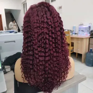 Amara HOT SALE Burgundy Color HD Frontal lace 13*4 And 26 Inches 180% Density Brazilian Human Hair Curly Wigs