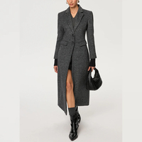 Manteau long en tweed gris pour femme 2025 avec fente haute, coupe ajustée personnalisable, vêtement de bureau formel décontracté
