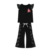Ensemble 2 pièces personnalisé pour filles : Haut à volants et manches courtes, pantalon évasé camouflage patchwork – Vêtements décontractés en polyester OEM ODM