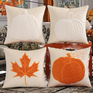 Housse de coussin carrée en velours tricoté avec broderie feuille de citrouille, style hôtel américain, pour Halloween, automne, Thanksgiving, récolte, maison, avec fermeture éclair - Product Image 2