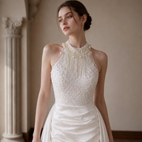 Robe de mariée dos nu ornée de perles, corsage en dentelle, satin drapé, fente haute, grande taille, sur mesure, vente en gros, directement de l'usine