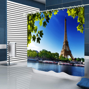 Cortina de Ducha de Poliéster con Estampado 3D de Hojas de Otoño de la Torre Eiffel, con Anillas, Diseño Clásico de Estilo Europeo para Baño - Product Image 3