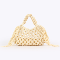 Sac fourre-tout quotidien en coton crocheté style chic coréen couleur bonbon pour femme, sac à main tissé pour la plage et les voyages avec poignée en perles de bois et pompons