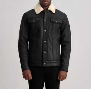 Veste en cuir véritable noire pour homme avec col en fausse fourrure, col rabattu, simple boutonnage, style moto, vêtement d'hiver - Product Image 1