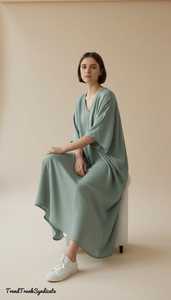 Women's Sage Green Maxi <b>Kaftan</b> V-Neck Linen/Cotton Eco-Friendly Casual Party Dress Summer Spring Resort <b>Beach</b> Cover - Product Image 1