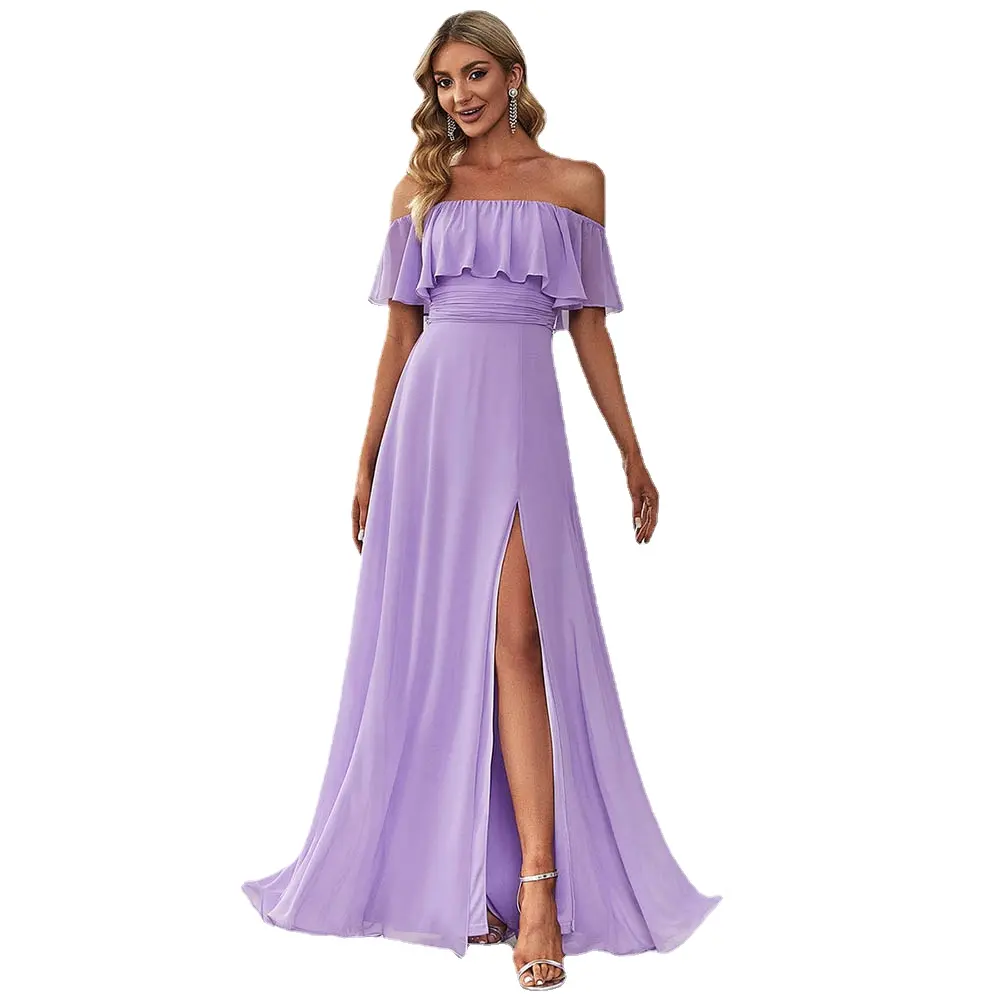 Womens Off The Shoulder Ruffle Party Dresses Side Split Beach Maxi Dress High quality Chiffon Multi Color Bridesmaid Dress