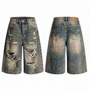 Pantaloncini da uomo personalizzati estivi larghi streetwear casual in <span class=keywords><strong>denim</strong></span> strappato effetto sbiadito con stampa lavata - Product Image 1