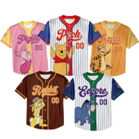 Maillot de baseball personnalisé en gros pour équipe, blanc, boutonné, avec logo personnalisé, manches à motif d'ours de dessin animé, couture double aiguille