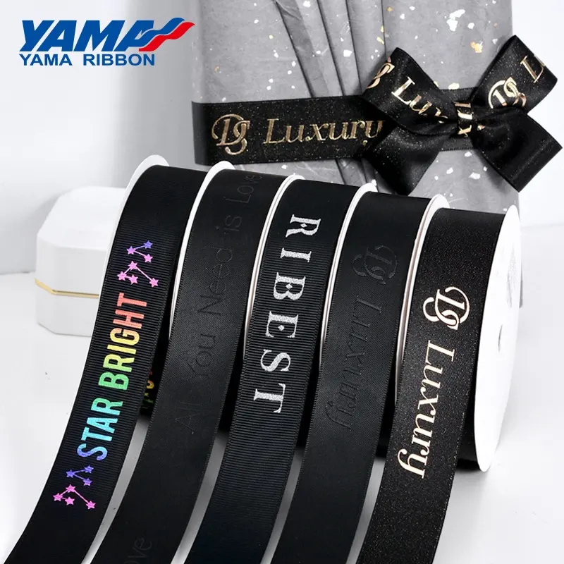 Yama Printed Ribbon Suppliers 9/16/25/38MM Wide Black Custom Satin Wrap Silk Ribbon