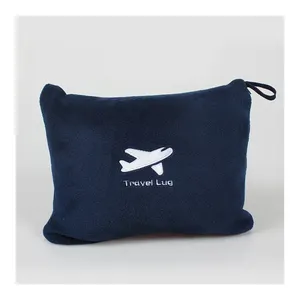 High Grade Luxury Navy Blue Flannel Fleece Custom Logo Airline Travel Blanket Airplane With Bag