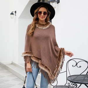 Capa de punto con borlas para mujer, poncho suelto de color liso, chal tipo jersey, abrigo informal estilo europeo americano, novedad otoño-invierno - Product Image 2