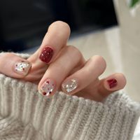 Nouvel An, Noël, style français, faux ongles carrés courts, faits main, épais, pour les fêtes, ongles de couleur porte-bonheur