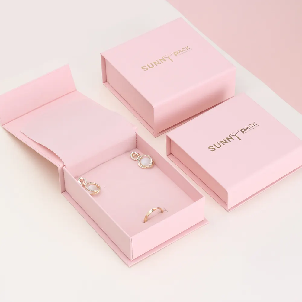 Custom Logo Rubber Touch Paper Earring Necklace Bracelet Magnet Pink Jewelry Packaging Box with Velvet and Foam Insert