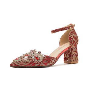 Youxiameng <b>Red</b> Embellished <b>Heeled</b> Wedding Shoes Women's Pointed Toe Ankle Strap Formal Dress Shoes Size 35-40 - Product Image 5