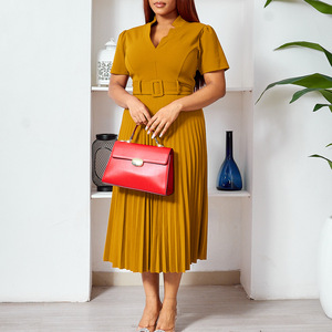 Vestido <span class=keywords><strong>Midi</strong></span> Sencillo Formal de Carrera para Oficina Plisado y Elástico de Manga Corta para Mujer Joven Ropa Personalizada de Fabricante al Por Mayor - Product Image 6