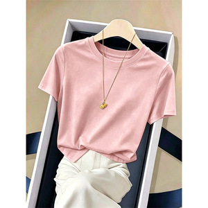 <span class=keywords><strong>Camiseta</strong></span> de Algodón Premium para <span class=keywords><strong>Mujer</strong></span>, Cuello Redondo, Manga Corta, Corte Ajustado, Color Sólido, Básica, Personalizable, Venta al Por Mayor - Product Image 2