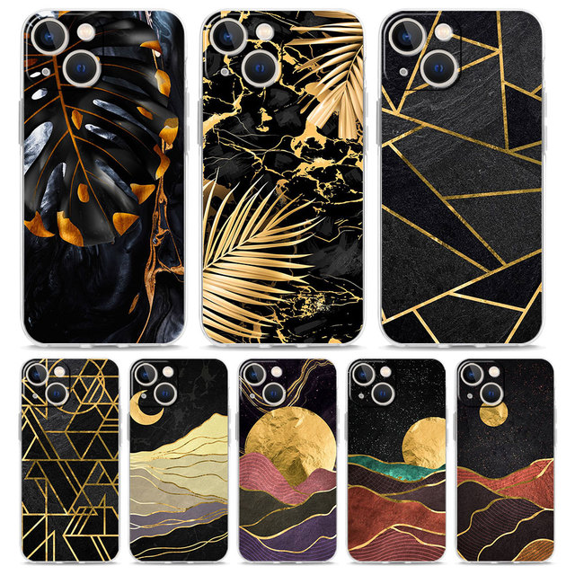 Black Gold Marble Tropic Luxury Transparent Phone Case for iPhone 15 14 13 12 11 16 17 Pro Max XS X XR SE Plus Shockproof Cover