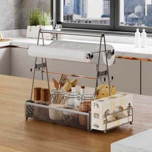 Support de rangement multifonctionnel à 2 niveaux pour assaisonnement de cuisine Vaisselle portable en acier pour le camping BBQ Pique-nique Porte-rouleau de papier - Product Image 5