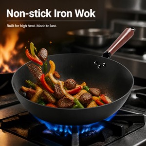 Industrial Grade Chinese Iron Wok Wide Mouth Ring Texture Non Stick Finish High Thermal Efficiency Stir Fry Cookware - Product Image 5