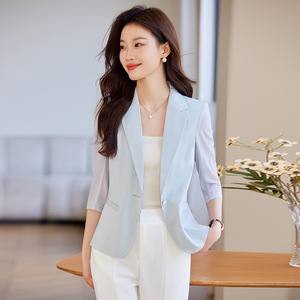 Light Blue Women's Blazer 80g Polyester Breathable Summer Suit Top Casual Elegant Style - Product Image 1