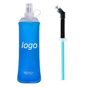 Botella de agua plegable para correr, frasco blando de TPU sin BPA de 500ml, para deportes, bicicleta con pajita