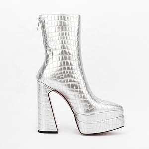 Bottes à talon carré pour adolescentes, chaussures quotidiennes à bout pointu, imprimé pierre, plateforme, fermeture éclair arrière, grande taille 45 - Product Image 2