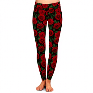 High Waist Full Length <b>Yoga</b> Leggings Red Rose Floral Print Spandex Polyester Elastic Waist Breathable Stretch <b>Pants</b> - Product Image 1