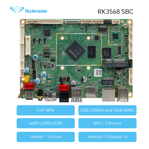 Techvision 3355A Entwicklungsboard SBC RK3568 Quad-Core 2GB RAM 16GB EMMC 1x MIPI-CSI Android 11/Debian 10 0.8T NPU Edge-Board - Product Image 1
