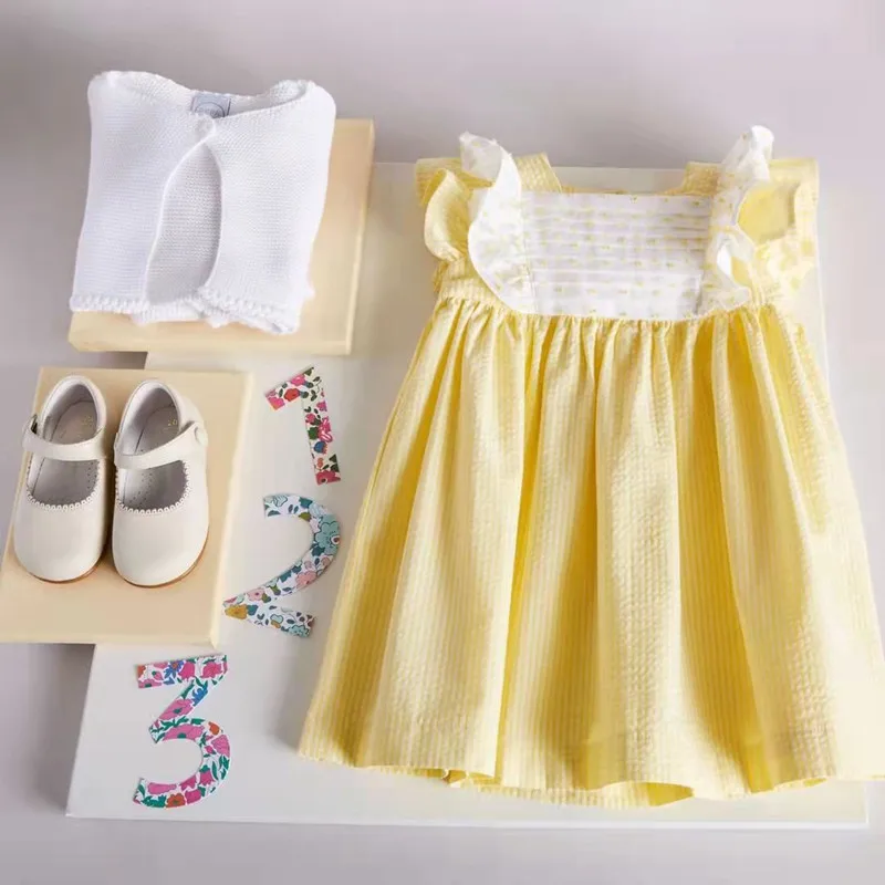 2022 Kids Spanish Dress Girls Summer Yellow Plaid Frocks Ruffles Design Baby Spain Boutique EID Holiday Dresses In Stock Clothes