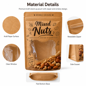 Sachet d'emballage pour noix, personnalisé, en papier kraft, avec fenêtre transparente, refermable, qualité alimentaire - Product Image 4