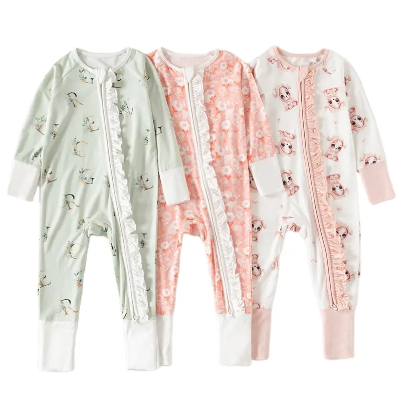 Customized long sleeve Infant Bamboo Clothing print bamboo Jumpsuit Ruffle Fitted Footie Zipper pajamas Bamboo Baby Romper