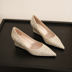 5222E Glitter <b>Silver</b> Pointed Toe <b>Flats</b> Wedding Shoes Summer Slip-On Height Increasing Crystal Decorated Women's - Product Image 2