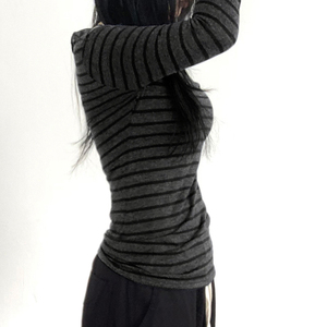 Camiseta de manga larga de punto ajustada a rayas Y2K para mujer, Jersey informal de moda con cuello redondo, Top de moda de otoño - Product Image 4