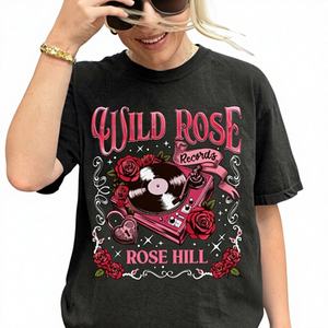 T-shirt pour femme Wild Rose Records, manches courtes, imprimé floral, coupe décontractée, 100 % coton jersey, col rond, toutes saisons, design littéraire - Product Image 1