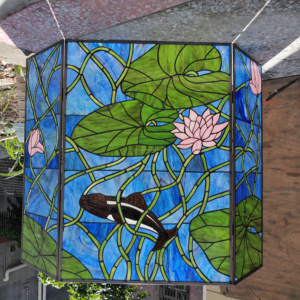 Écran de cheminée Tiffany en verre teinté, style campagnard européen, motif lotus et poissons, en étain massif, 40''*28'' - Product Image 2