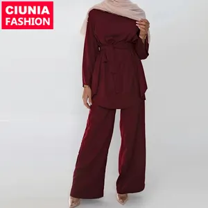 2272 # de alta calidad musulmán dos piezas conjuntos blusa y pierna ancha pantalones Oficina conjuntos de moda musulmán islámico ropa Abaya