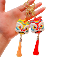 Porte-clés Lumineux Tête de Lion Style Chinois 3D en Caoutchouc Écologique Durable avec Impression UV et Pompon Danse du Lion, Pendentif de Voiture pour le Nouvel An